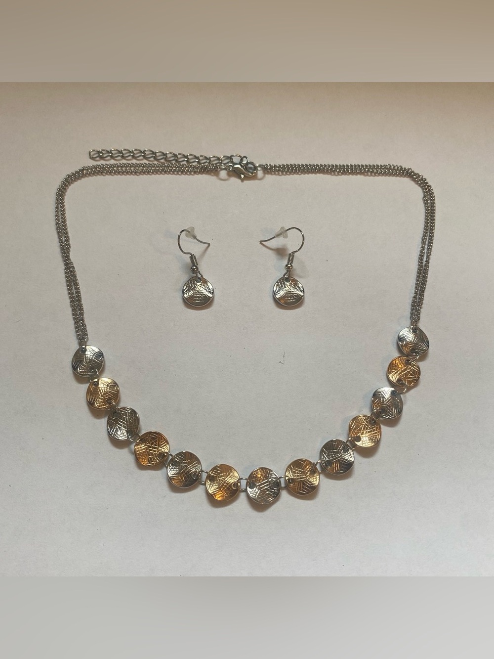 Two-Tone Silver and Gold tone  Disc Necklace with Matching Earrings